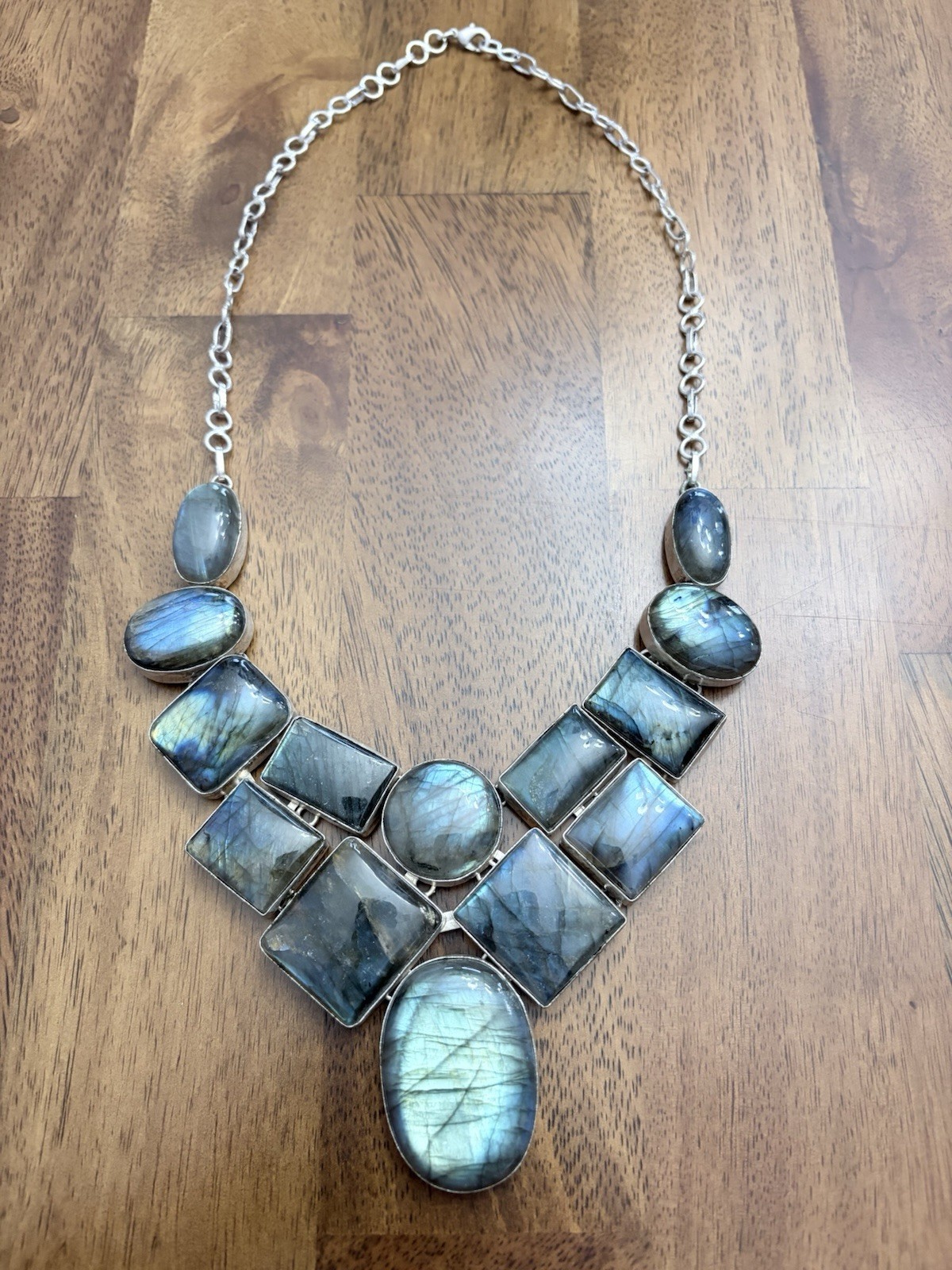 Labradorite Cabochon Statement Bib Necklace Silver Tone Cable Chain Toggle