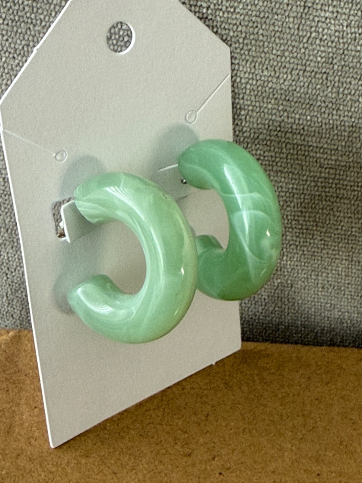 Sage Green And White Marbled Acrylic Tubular C Shaped Hoop Earrings 1 Inch