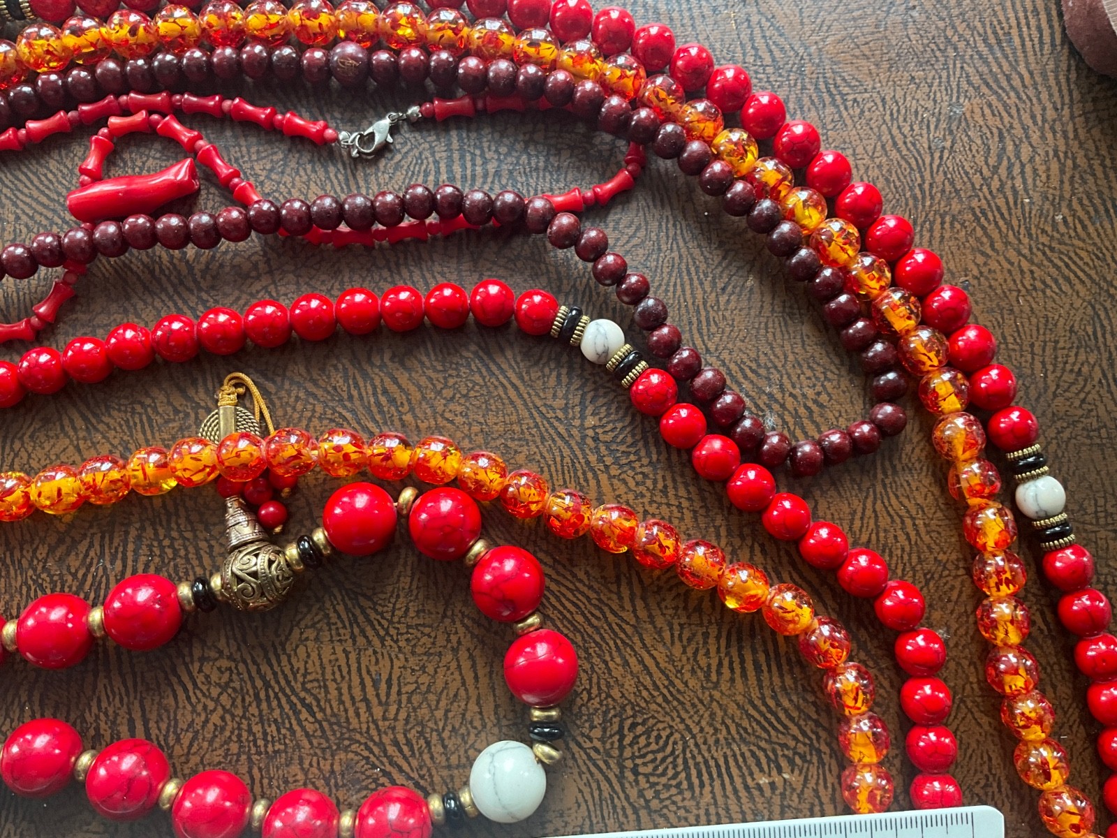 Vintage Bold Red Acrylic Resin Bead Necklace Lot 7 Pcs Chunky Boho Faux Coral