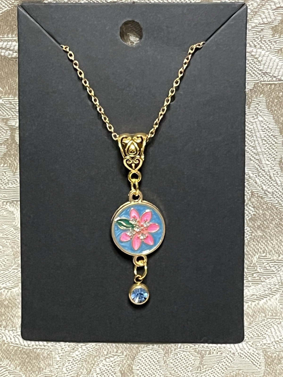 Retro Floral Gem Enamel Pendant Gold 18” Necklace Bohemian Floral Novelty