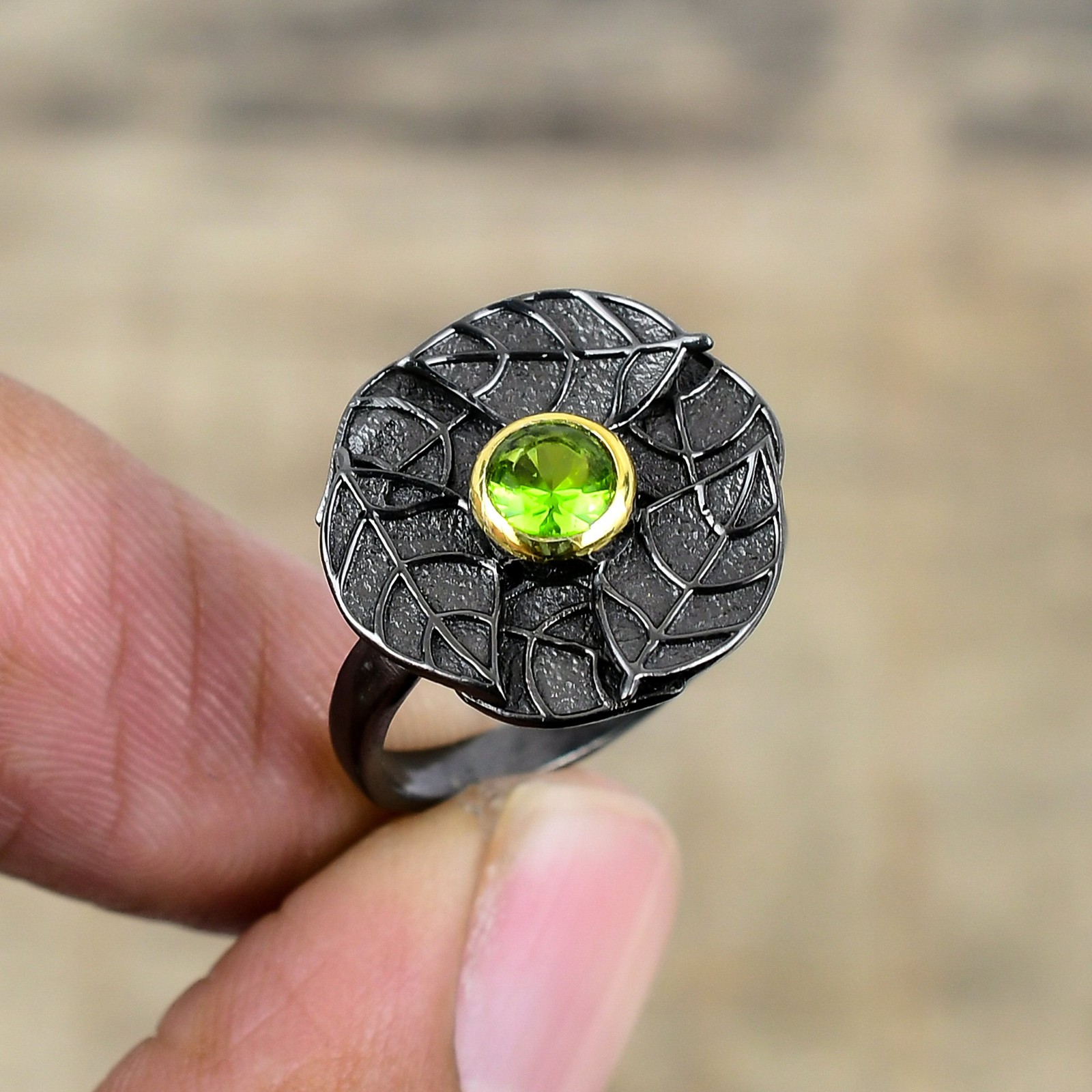 Peridot Black And Gold Plated 925 Sterling Silver Ring S.7 R87230