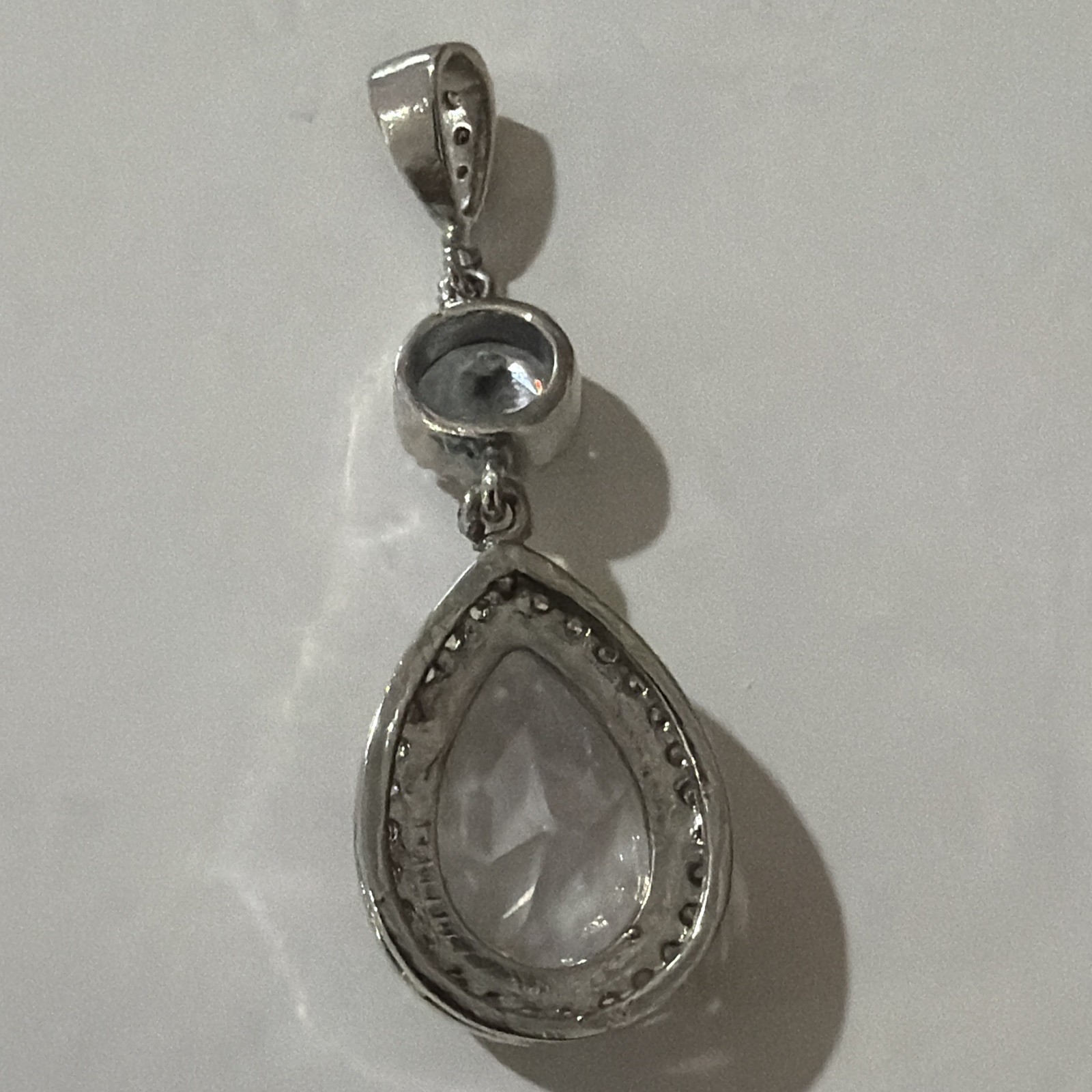Silver Plated Clear Cubic Zirconia Teardrop Halo Charm Pendant, Pave Bail