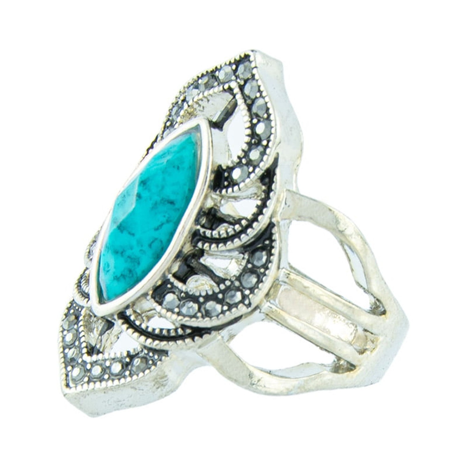 Canyon Sky Western Boho Marquise Cut Faux Turquoise Silver Tone Ring, Size 8