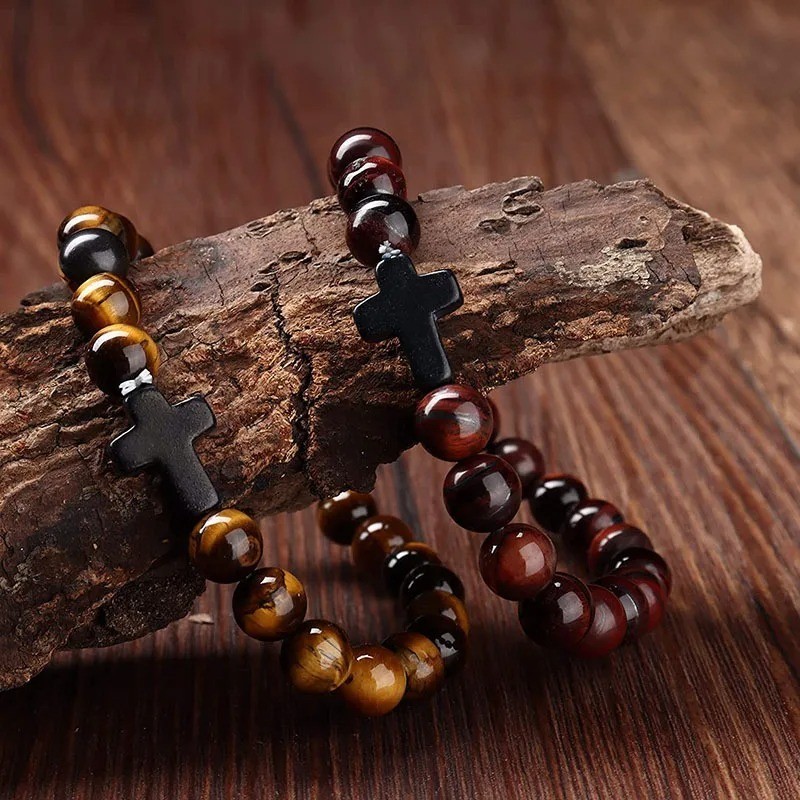 Natural Stone Beads Bracelet Hematite Cross Prayer Yoga Jewelry Men Women