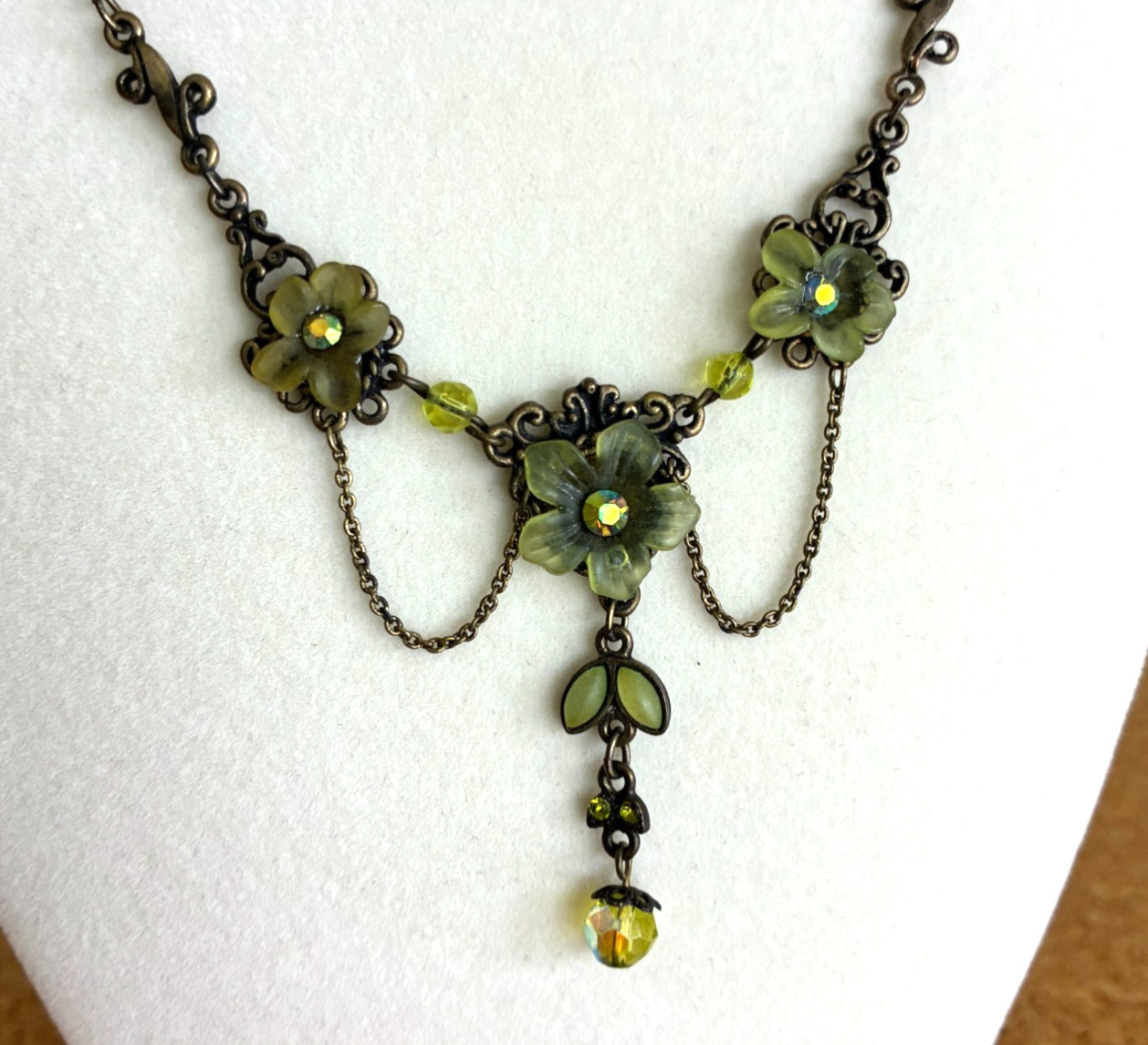 VTG Michal Negrin Green Enamel Floral Rhinestones Necklace Bib Shabby Chic Boho