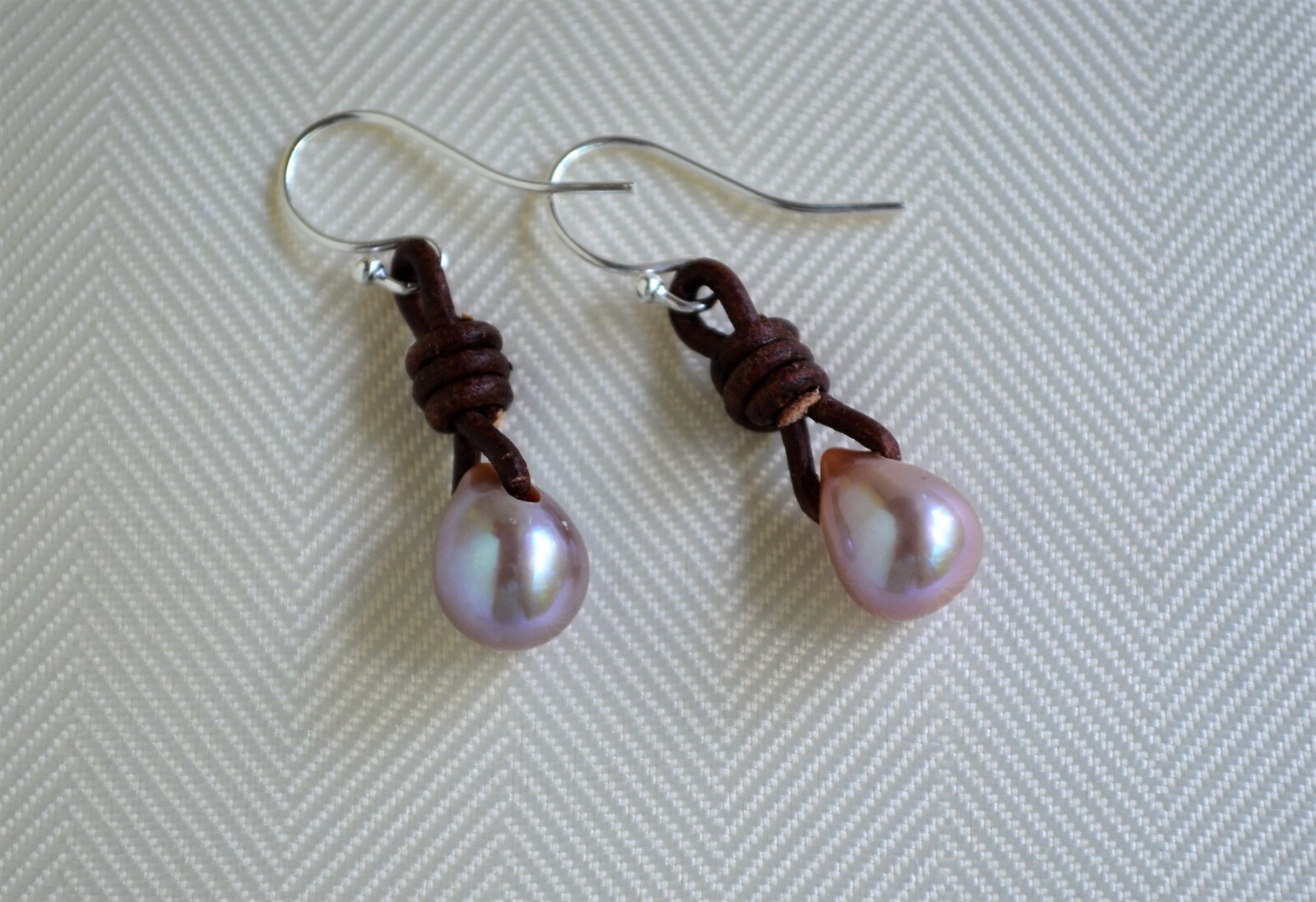 Tea Drop Pearl Earrings Lavender Pearls on Leather Earrings Boho Earrings Yevga