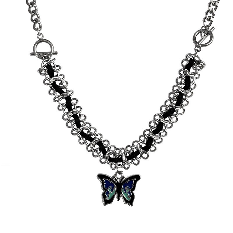 Silver Thorn Chain Butterfly Choker Necklace Blue Enamel Butterfly pJewelry