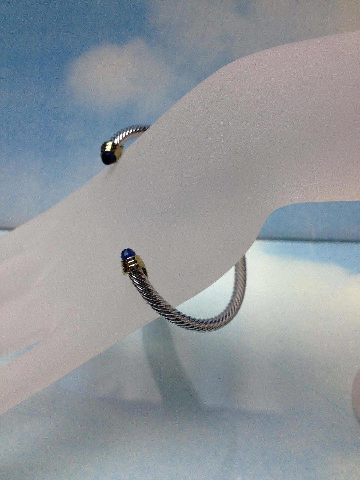 Blue Sapphire Stone Silver Gold Finish Designer Inspired Open Cuff Bracelet