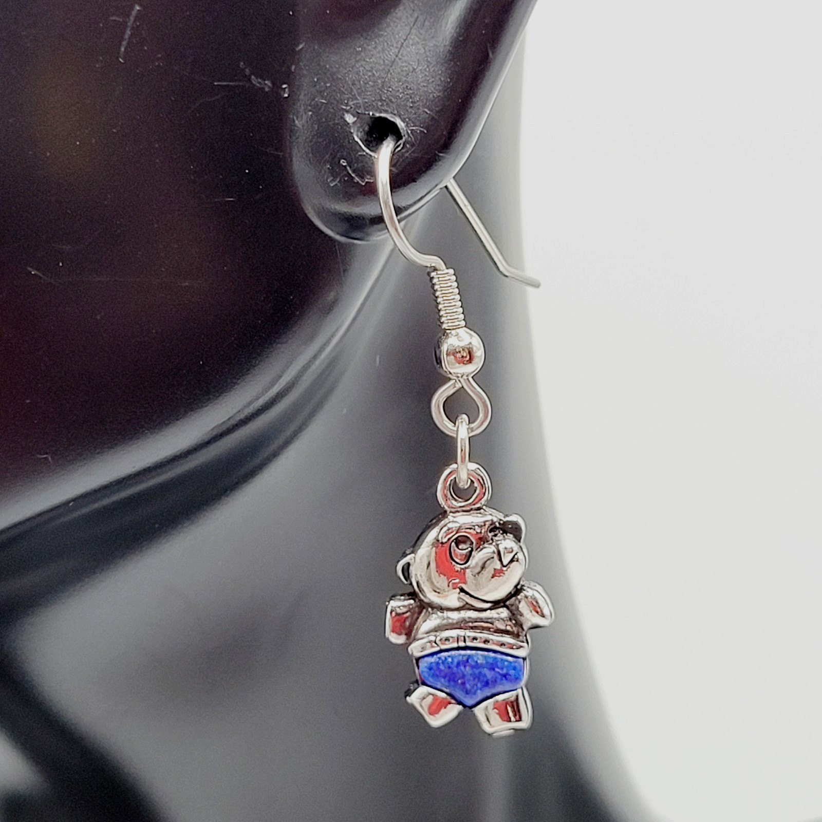 SW Waldeck Johnson Teddy Bear Lapis Lazuli Silver Tone Pierced Hook Earrings