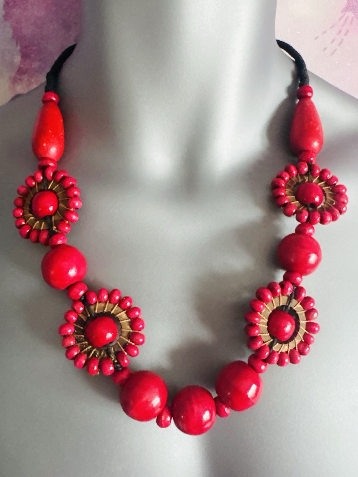 Avalaya Ethnic Red Wood Bead Black Cord Necklace