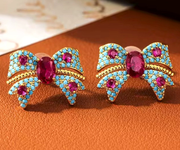 Super Cute Sparkly Blue Red BOW Rhinestone Gold Betsey Johnson Earrings