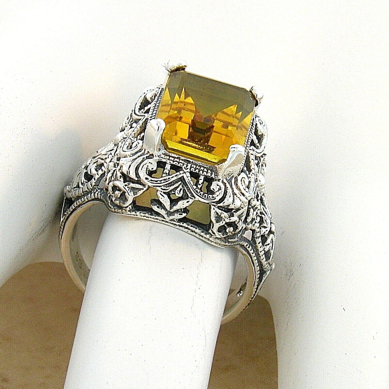 ART DECO STYLE 925 STERLING SILVER FILIGREE 3 CT LAB-CREATED CITRINE RING #381