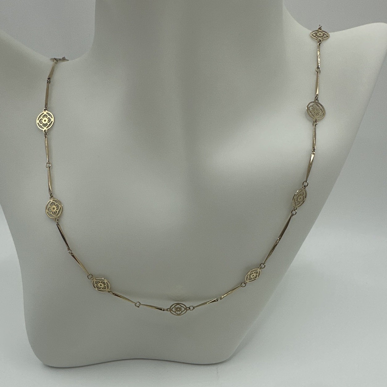 Avon Signed Gold Tone Station Bar Link Chain Necklace, Spring Ring, 19-24 in