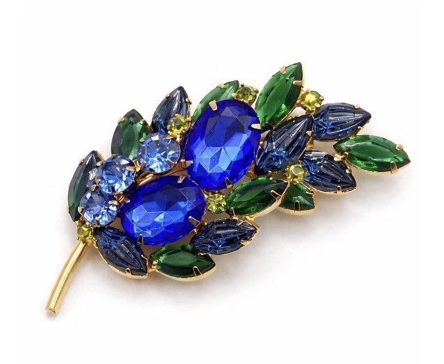 Vintage Juliana D&E Blue Green Rhinestone Brooch Scarab Glass 1960s 3”