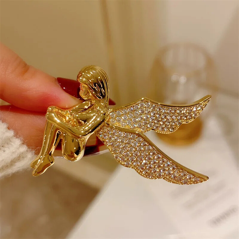 Women Gold Plated Angel Brooch Fashion Rhinestone Pins Jewelry