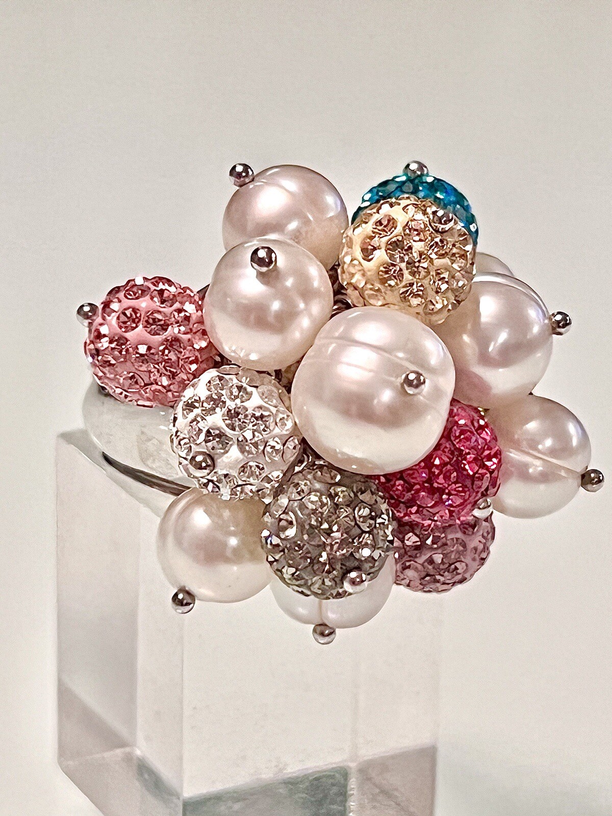 ROSS SIMONS~925 SS PEARLS W COLORED CRYSTAL BALL CLUSTER RING~SZ 7.25~15.7G