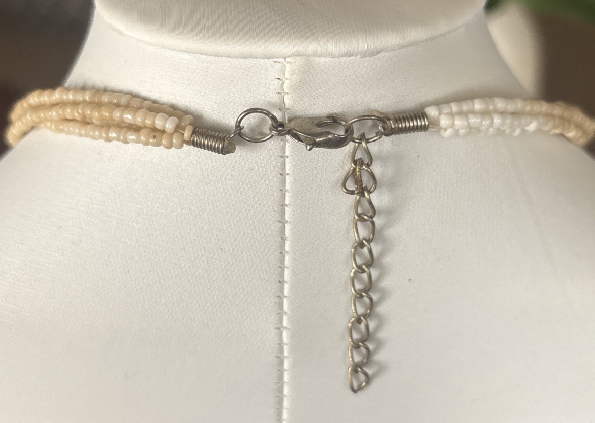 Ivory Beaded Multi Seed Bead Strand Boho Shell Pendant Drop Necklace 21”