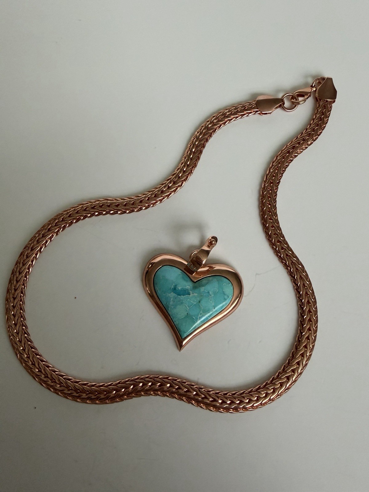 TIMNA COLLECTION Turquoise Heart Copper Enhancer with Copper Wheat Chain 18″