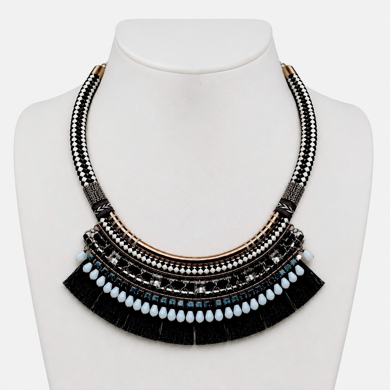 Chicos Bold Boho Necklace Tribal Style Bead and Fringe Layered Design Woven Cord