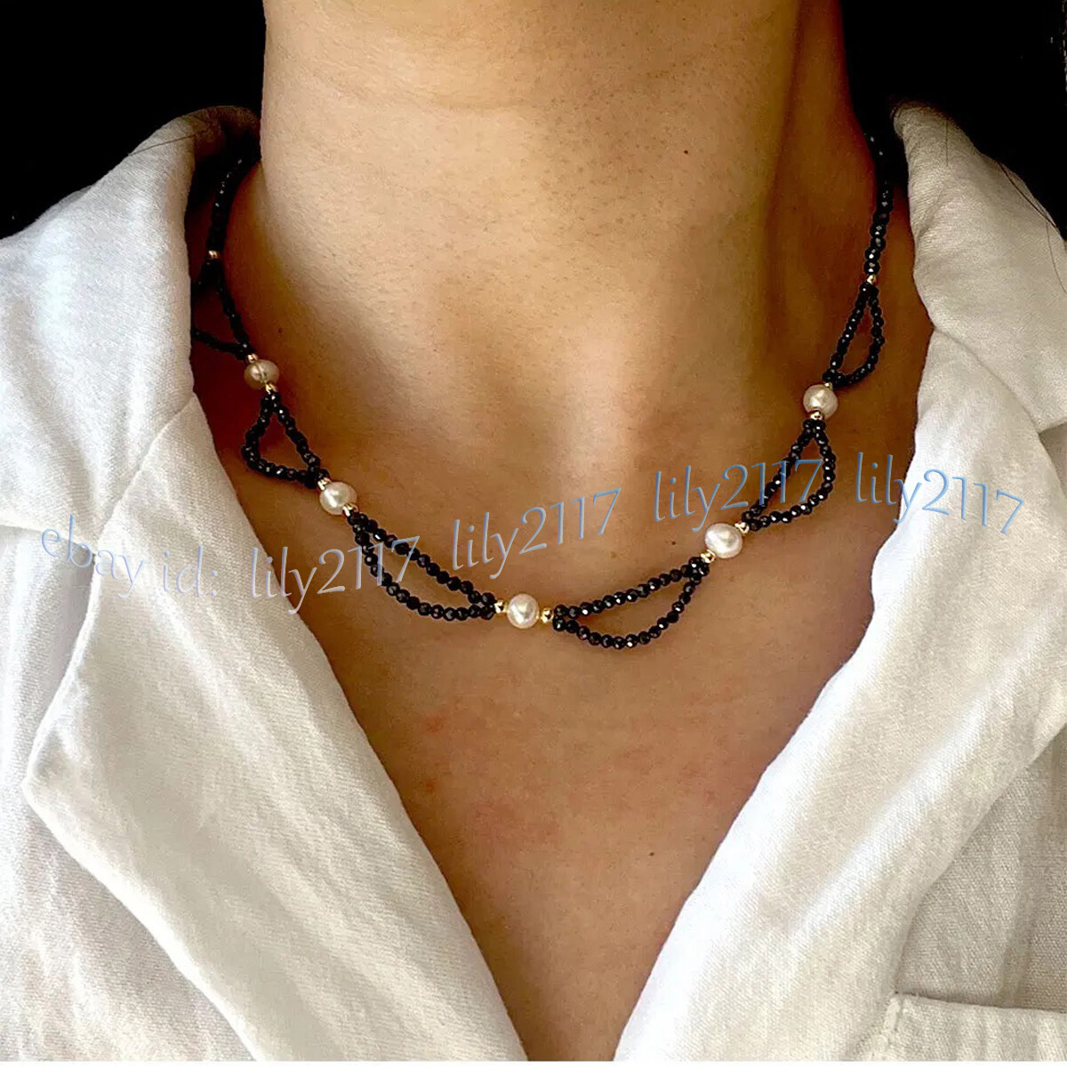 3mm Faceted Black Spinel Gems Beads Natural White Freshwater Pearl Necklace 18”
