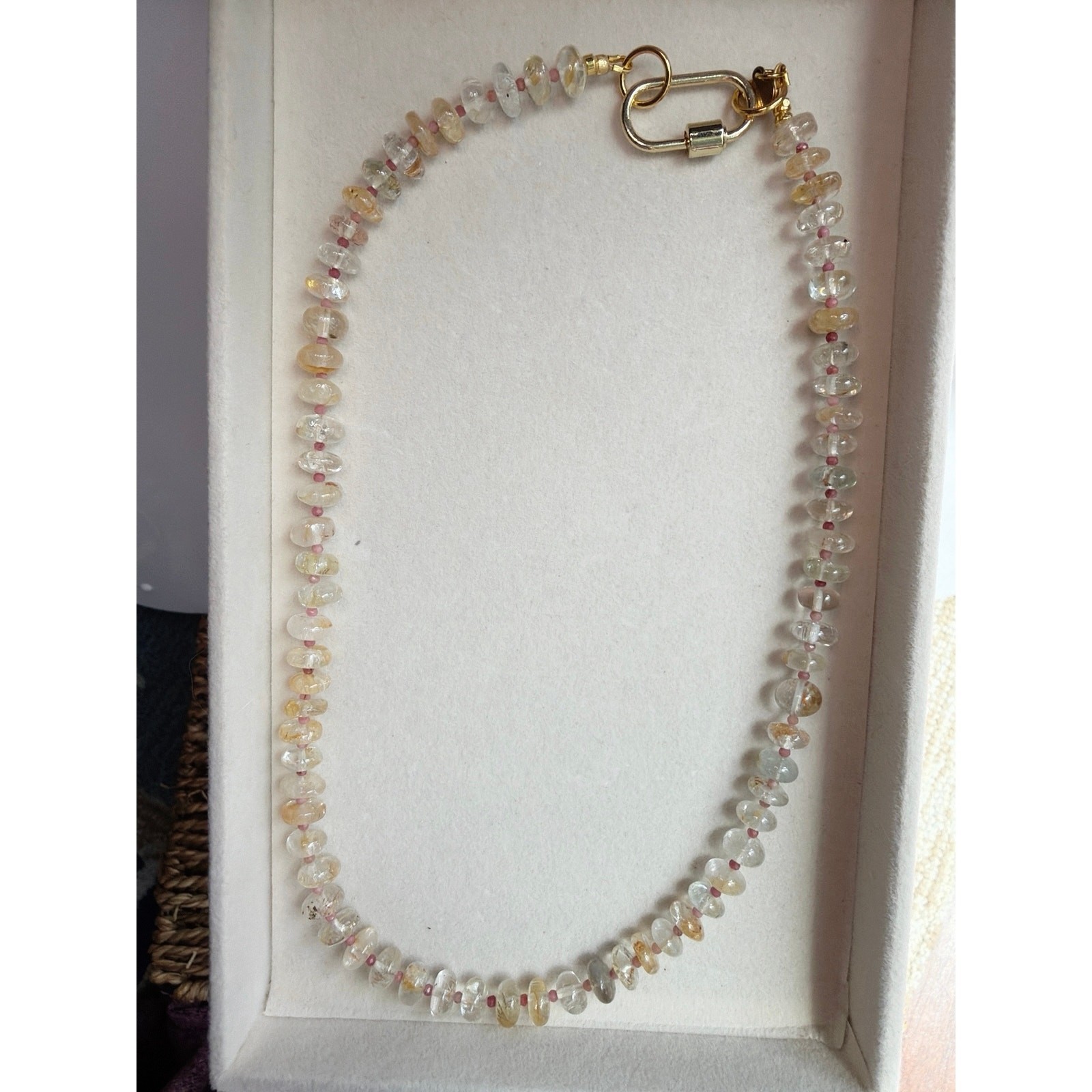 19″ Sunny Gemstone Necklace, Golden Rutilated Quartz, Rose Quartz, Sparkling