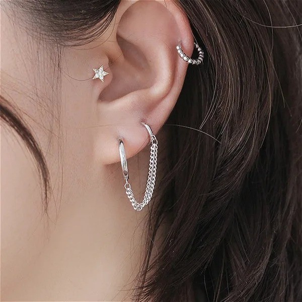 1PCS Punk Cool Two Hole Piercing Earrings Gold Silver Color Long Tassel Chain Dr