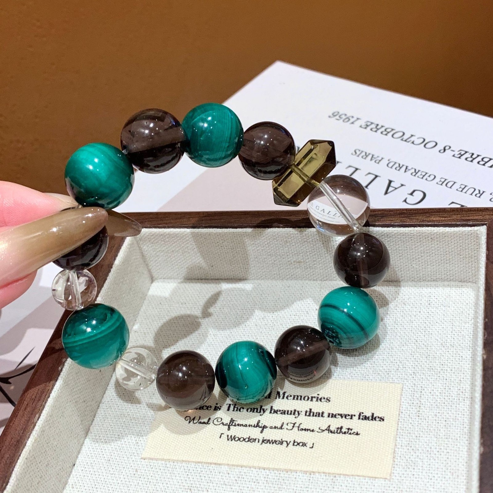 Natural Smoky Quartz Clear Crystal Malachite 12-14mm Stretch Bracelet Gift