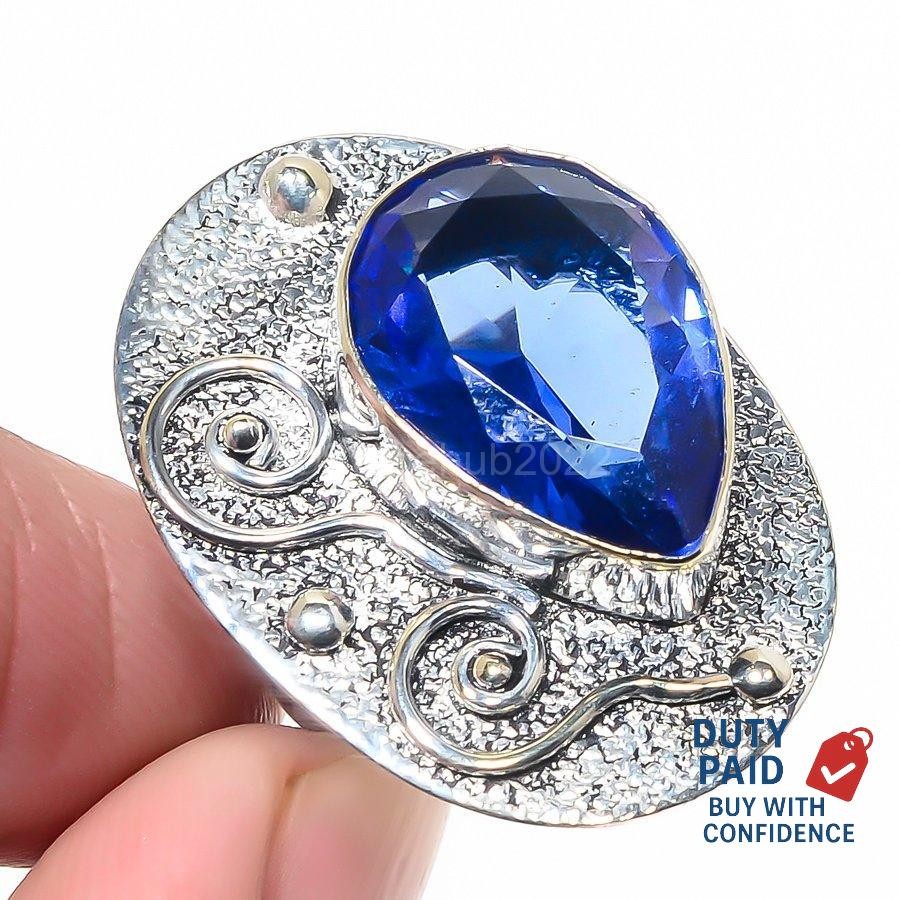 Genuine Blue Sapphire Wedding Statement Channel Set Ring Size 7 Sterling Silver