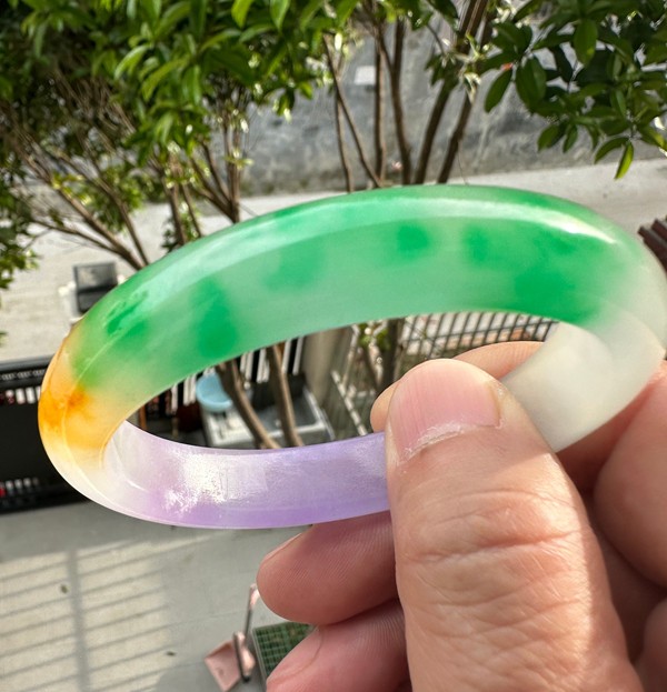 Natural Grade A Jadeite Bangle Tri-Color Green Lavender Yellow Burmese Jade 57mm