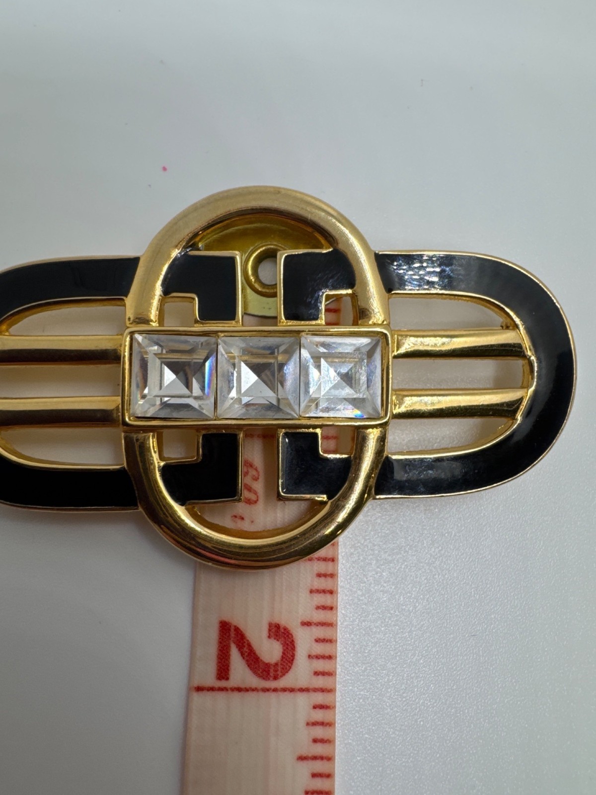 Swarovski Crystal Art Deco Brooch Black Enamel Gold Tone Signed Swan Pin