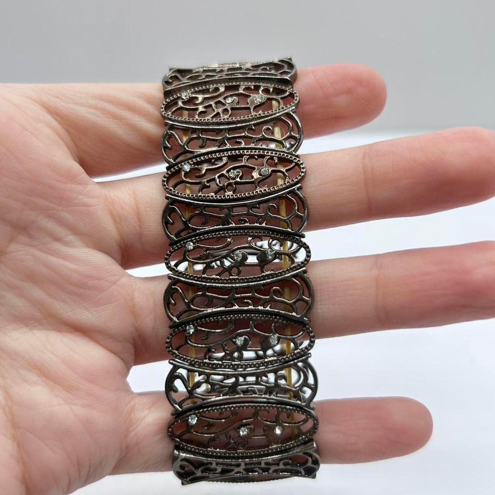 Bronze Tone Rhinestone Filigree Stretch Bracelet Boho Statement