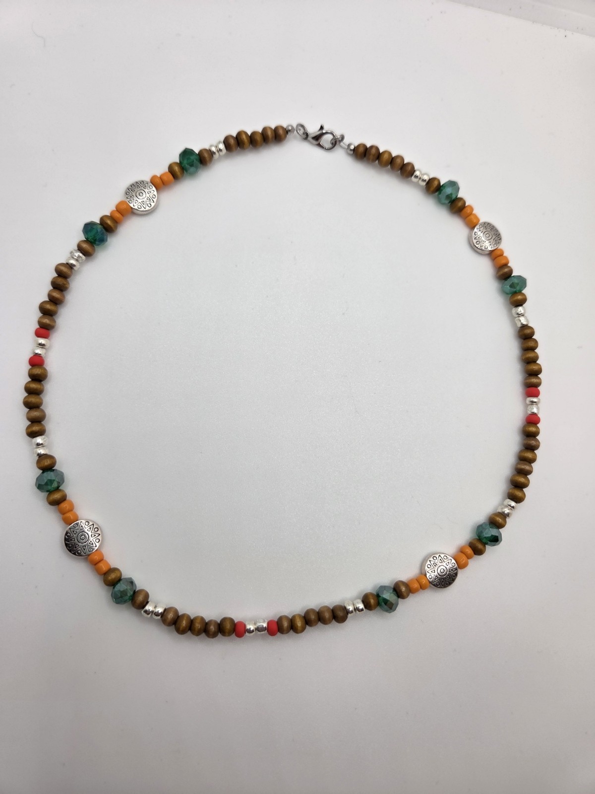 Beaded Necklace Wood Glass Beads Bohemian 18 Inches Lobster Clasp Green Red Boho