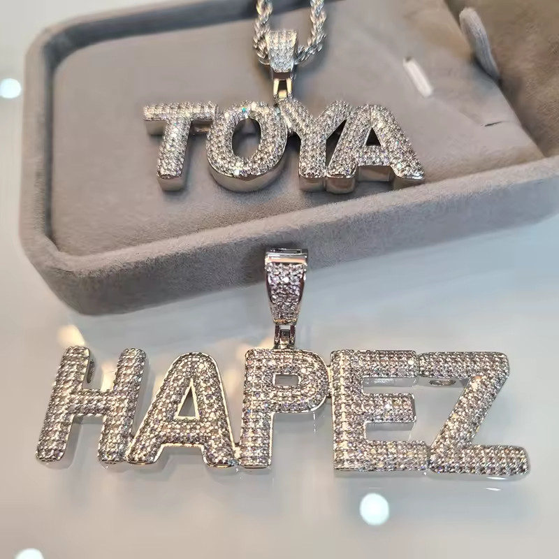 Custom Name Cubic Zirconia Bubble Letters Necklace Jewelry Pendant Men Women