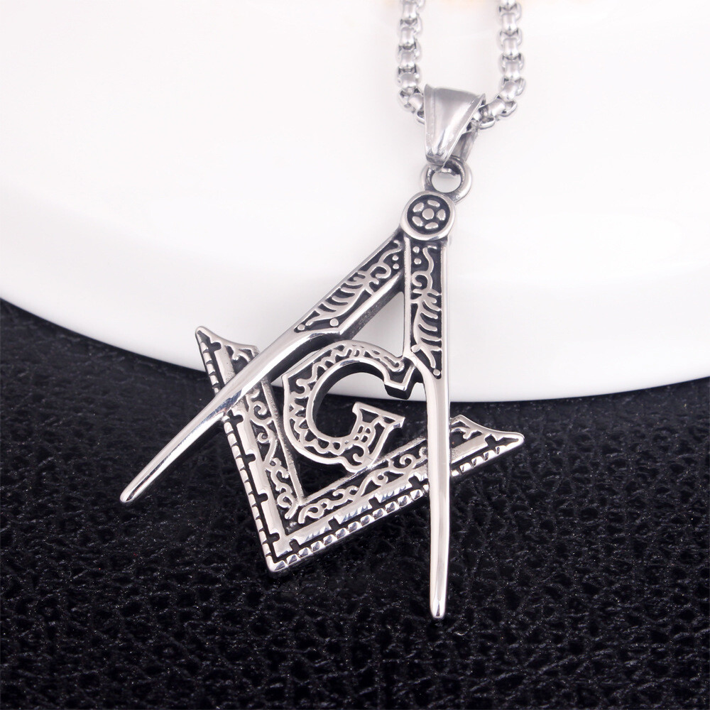 Mens Freemason Masonic Square & Compasses Pendant Punk Rock Necklace Chain 24″