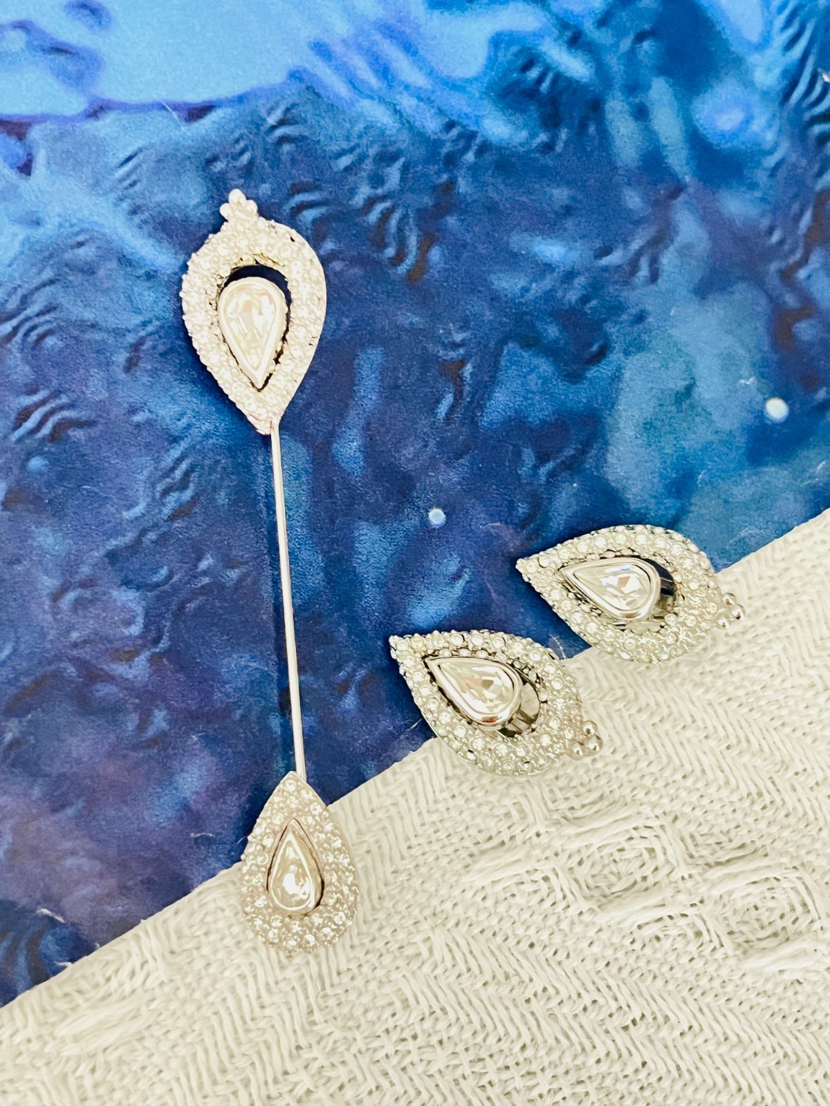 Christian Dior Vintage Peacock Eye Water Drop Whole White Crystals 2 Set, Silver