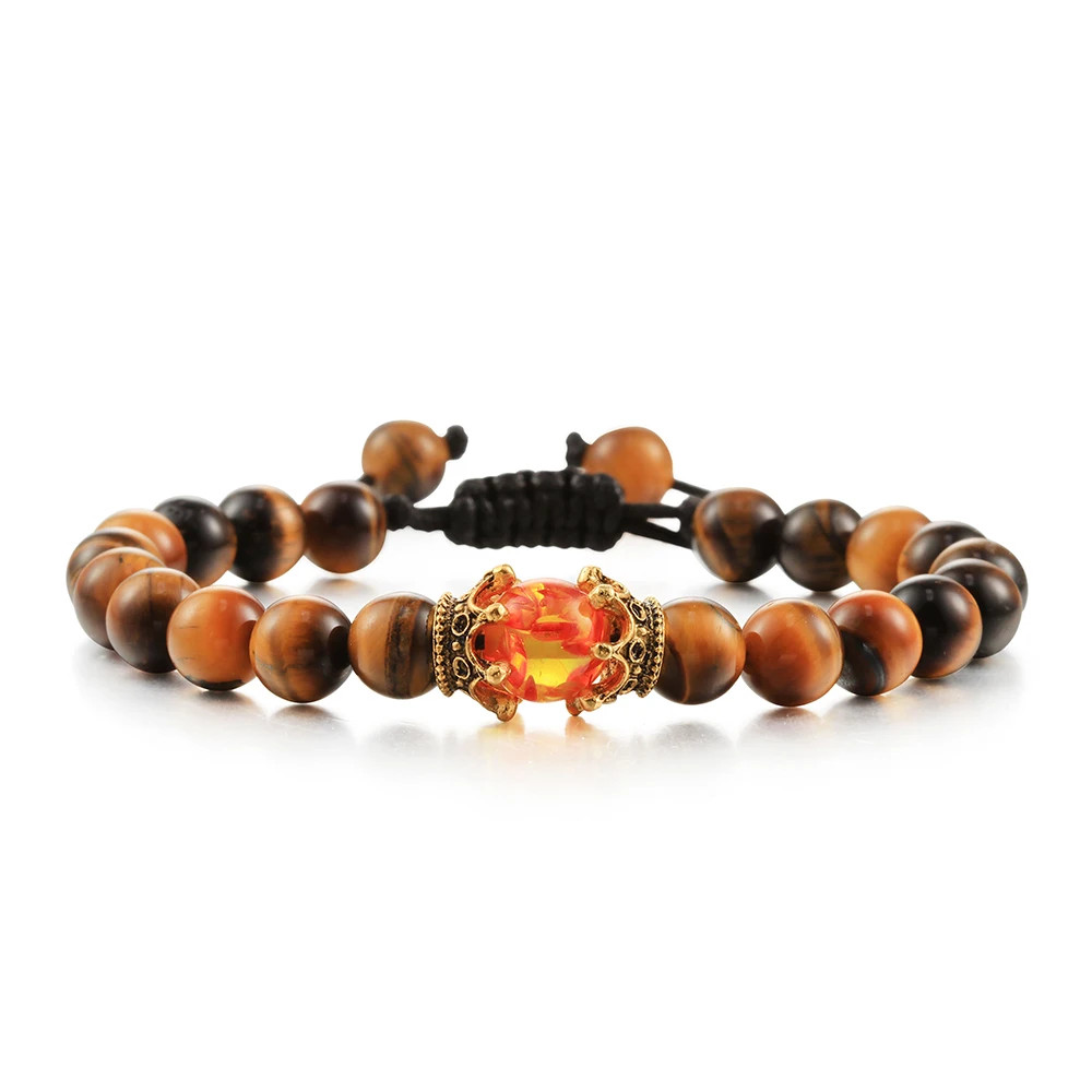 Handmade Adjustable Braided Bracelet Black Lava Stone Crown Tiger Eye Beads