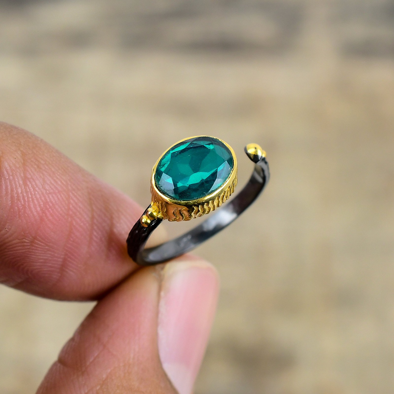 Paraiba Tourmaline Black & Gold Plated 925 Sterling Silver Ring S.Adjustable R73