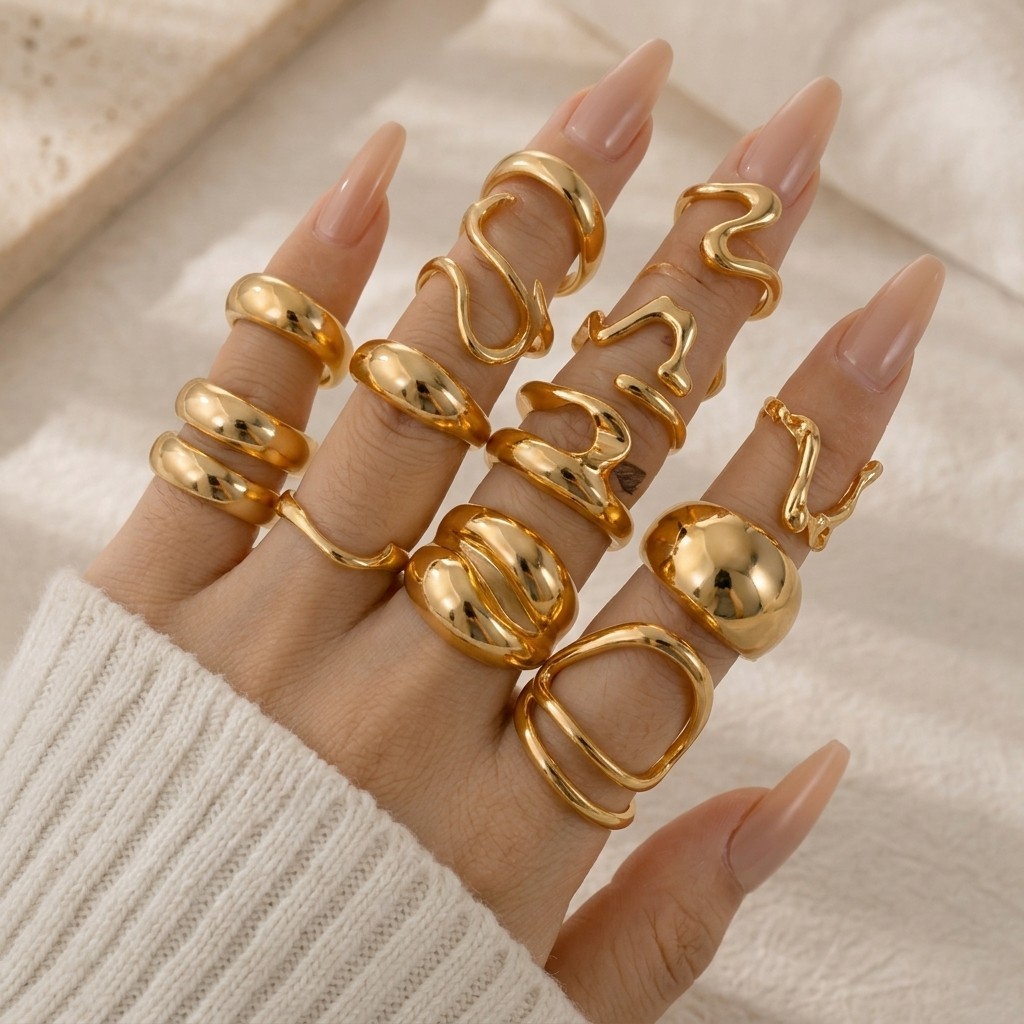 15pc Ring Set Gold Zinc Alloy Irregular Geometric Women Punk Boho Cocktail
