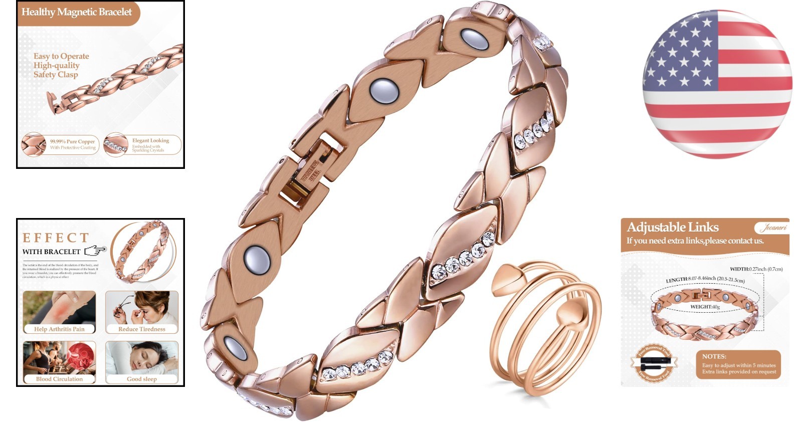 Adjustable Copper Magnetic Bracelet for Women – 99.9% Pure Rose Gold Elegance