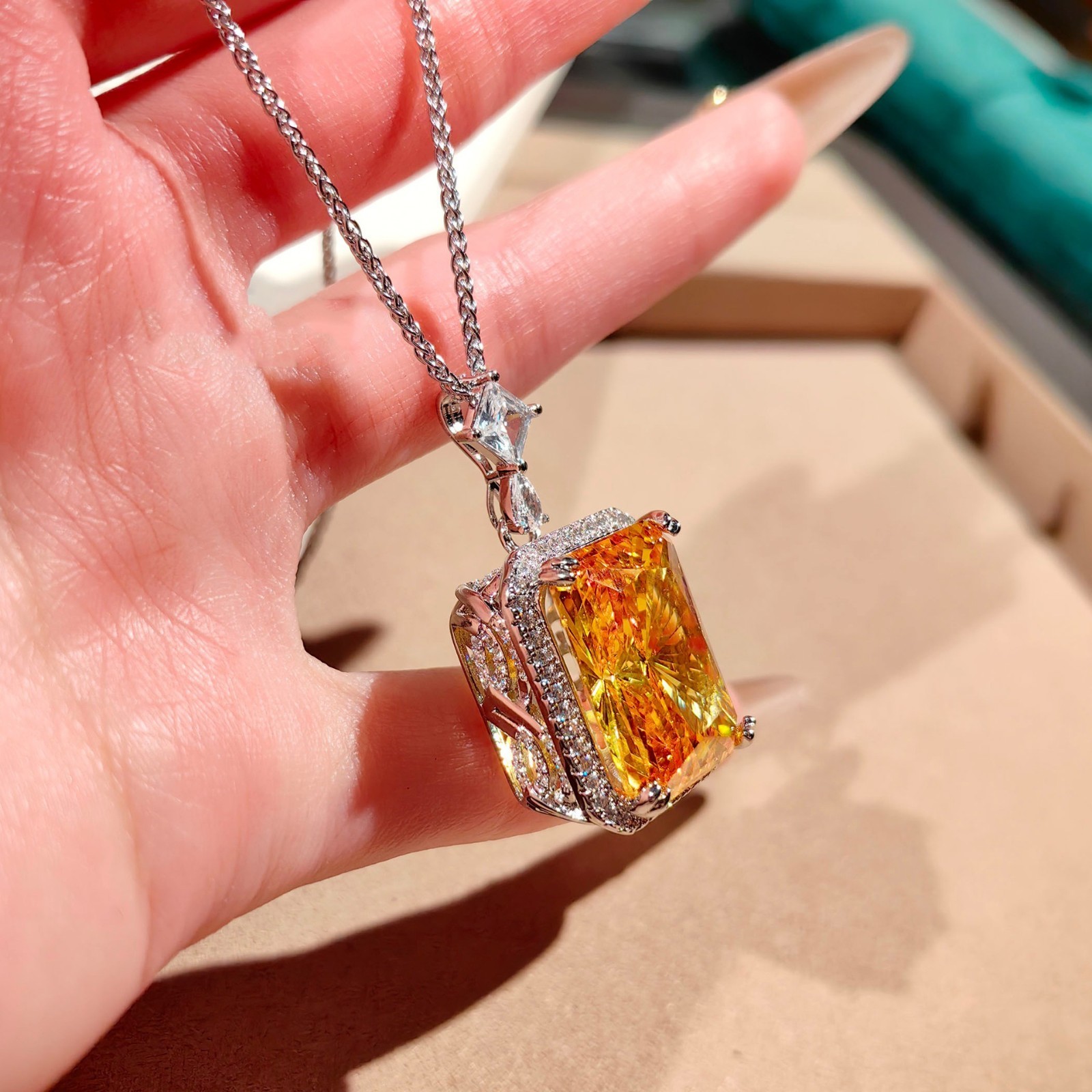 2pc Set Big Sparkle Radiant Cut Yellow Citrine Gems Women Silver Necklace Ring