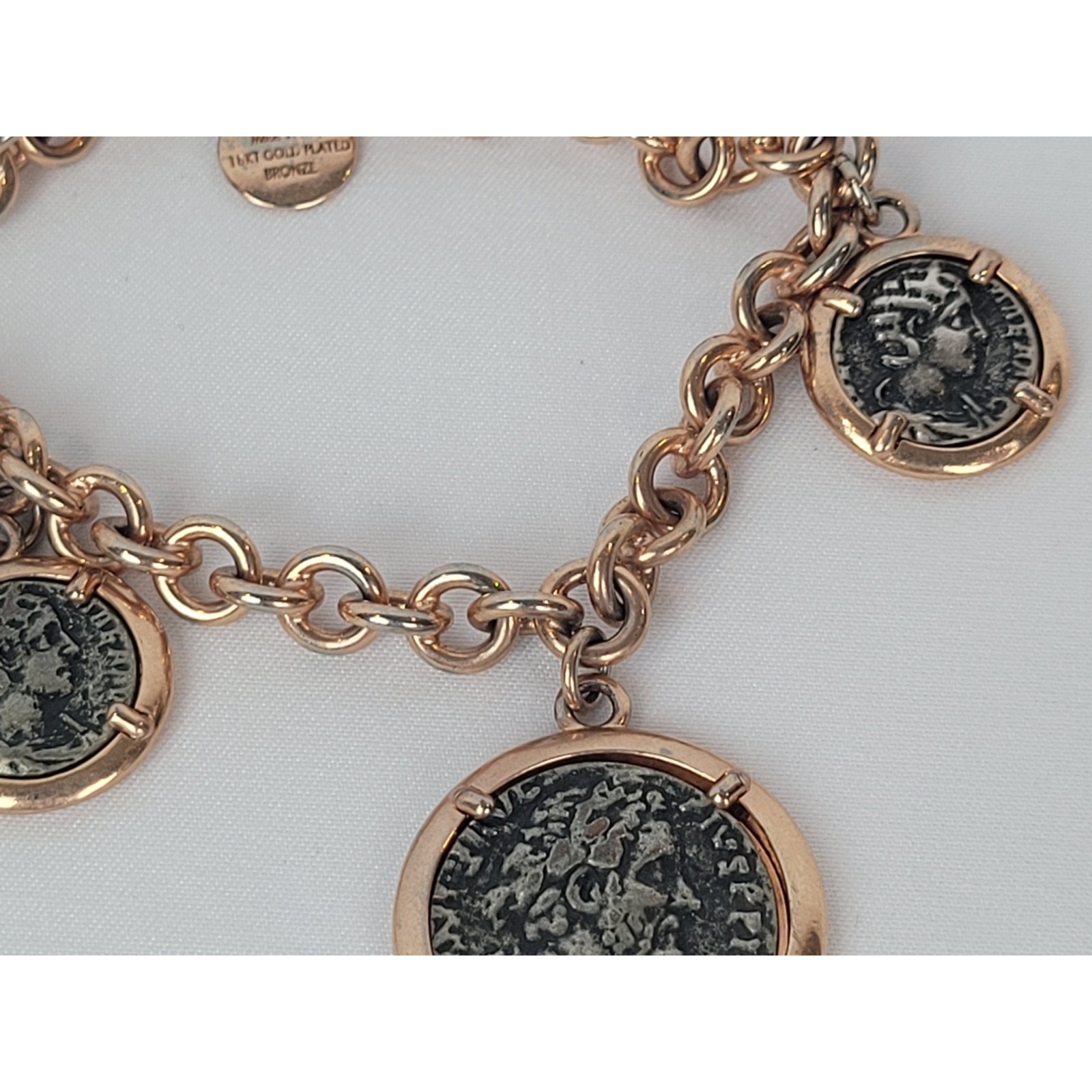Bella Diva 18kt Rose Gold Plated Bronze Roman Coin Charm Vintage Bracelet