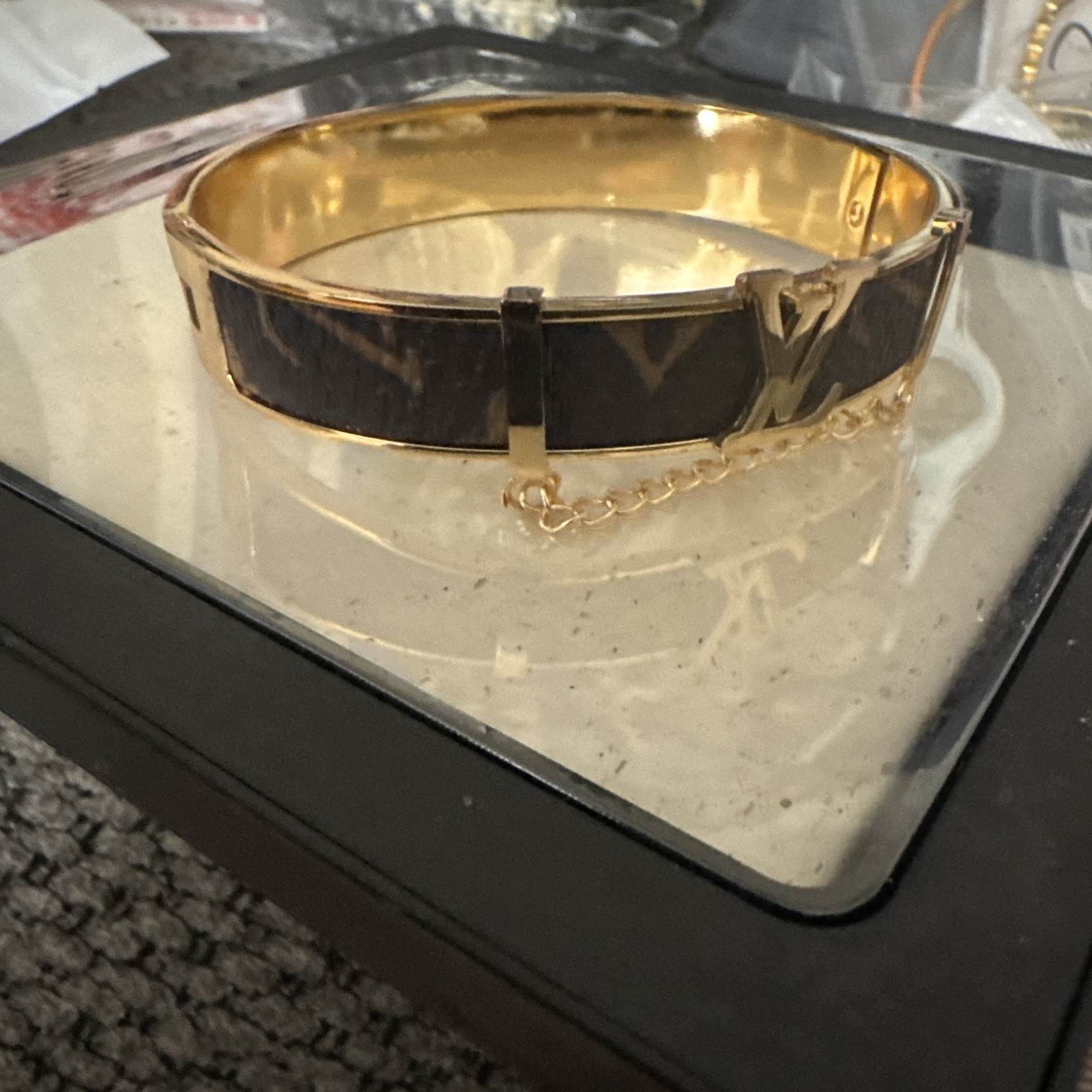 Louis Vuitton LV Monogram Gold Tone Bangle Bracelet w/ Cable Chain Signed
