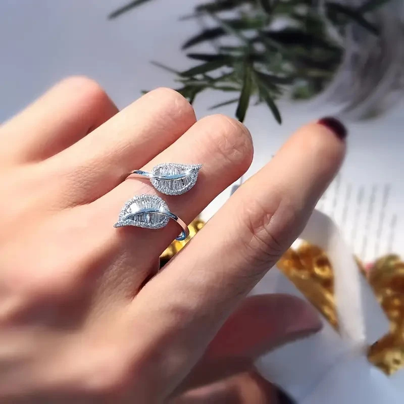 925 Sterling Silver White Topaz Leaves Wedding Engagement Ring One Size Fit All