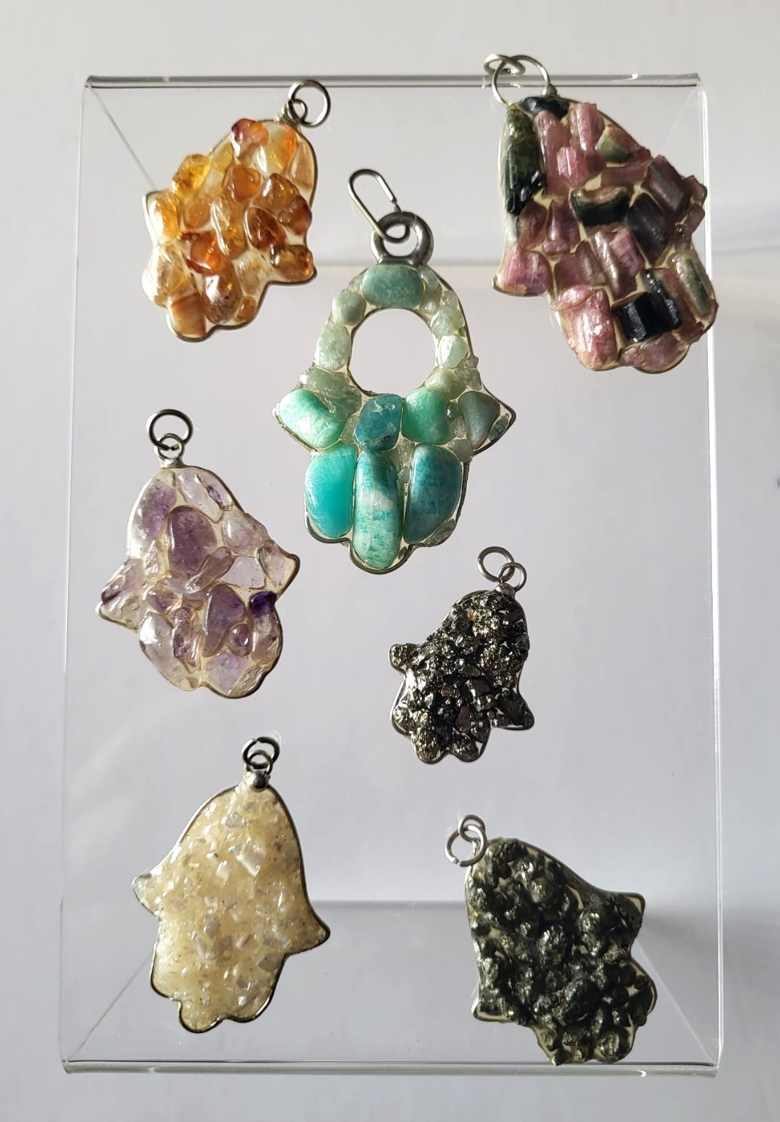 NEW 7 Handcrafted Semi Precious Stone Hamsa Pendants Evil Eye Good Luck Chamsa