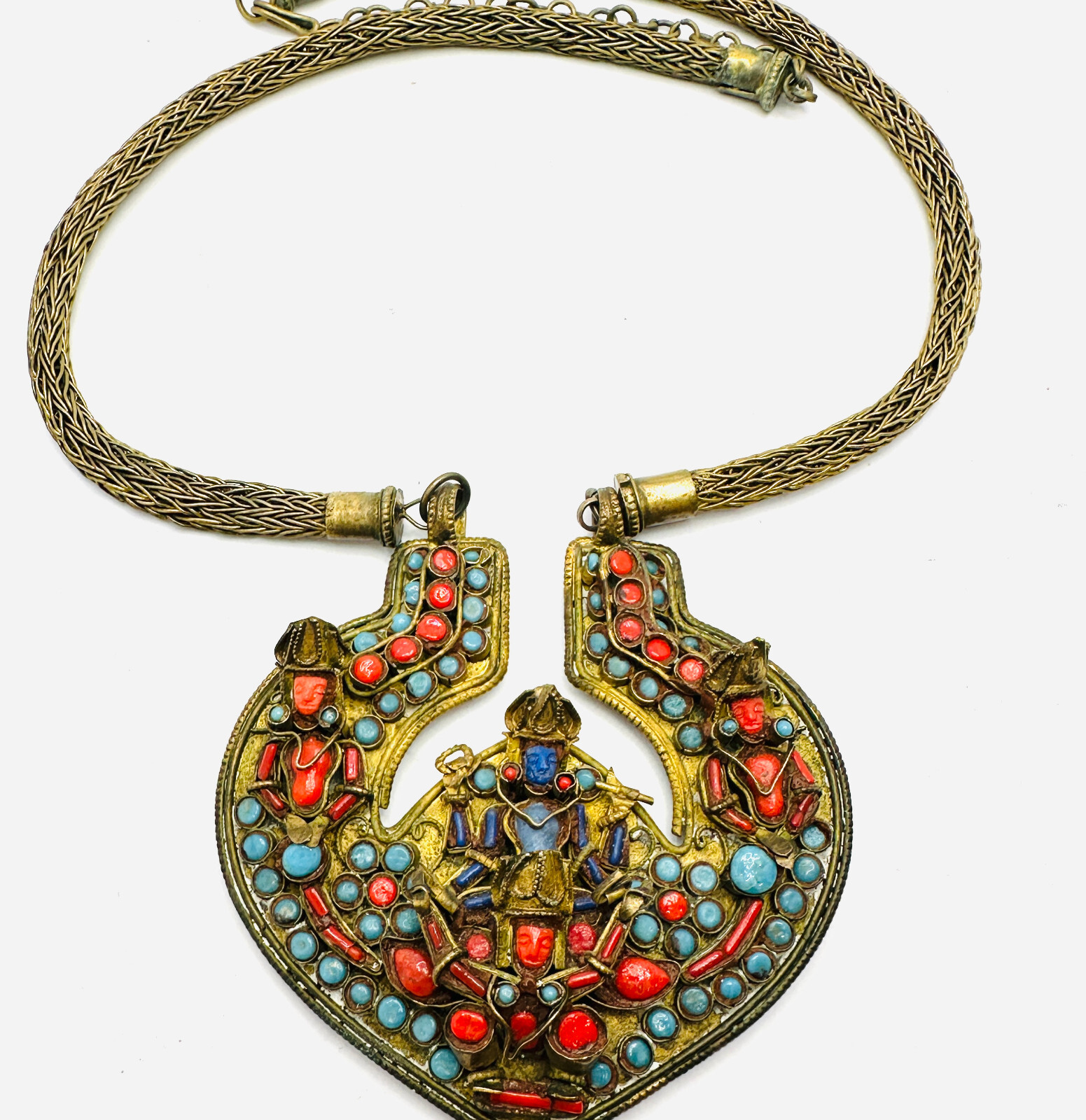 Antique Nepal Tibetan Brass Vishnu Prayer Necklace Coral Turquoise Glass EUC 24″