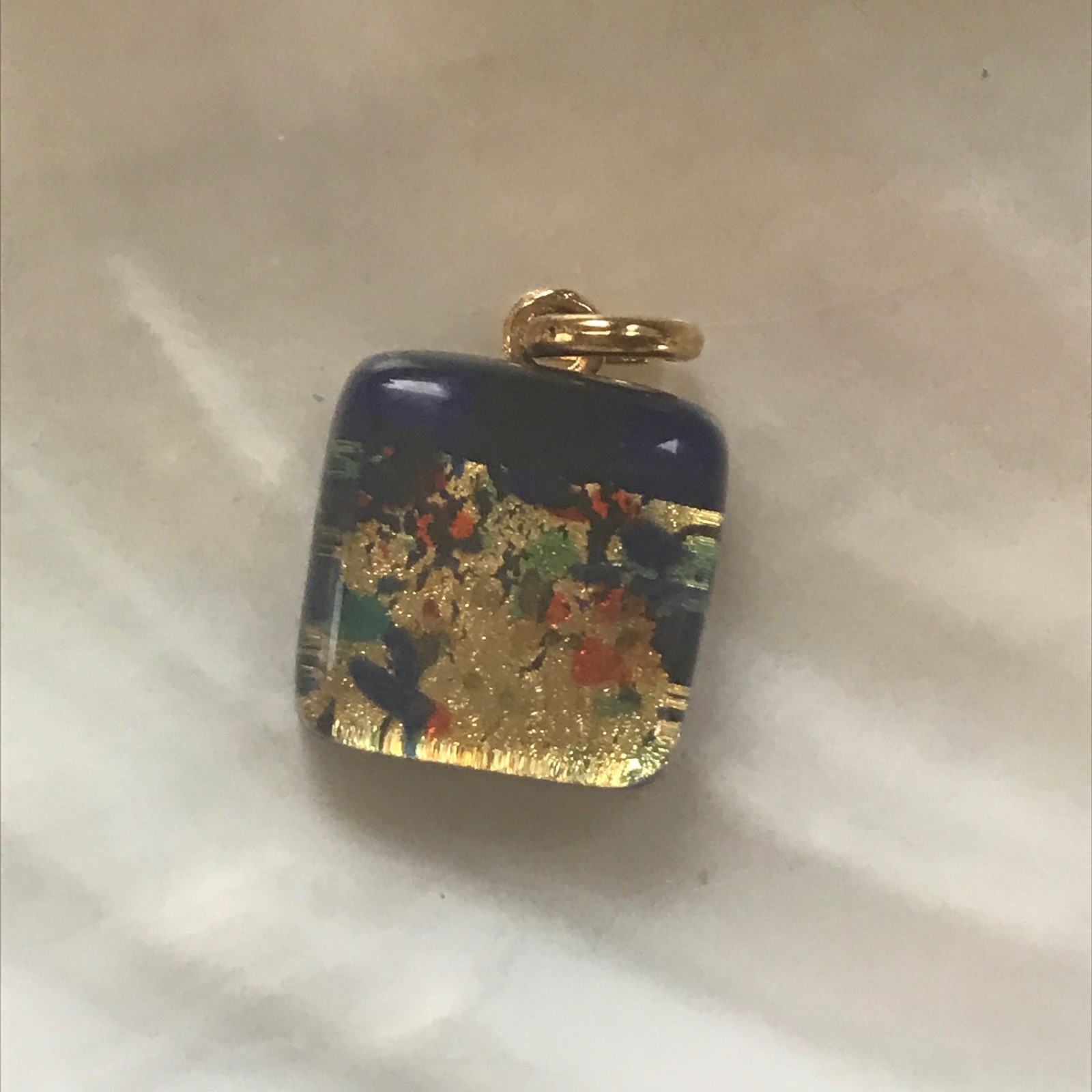 Estate Small Blue Square with Gilt Orange & Yellow Fused Art Glass Pendant – 0.7