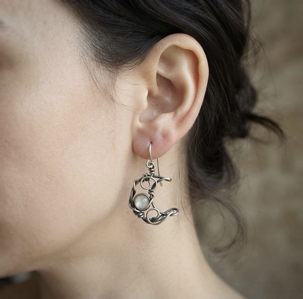 Oxidized Silver · Moonstone Asymmetric · Hook earrings bohemian handcrafted