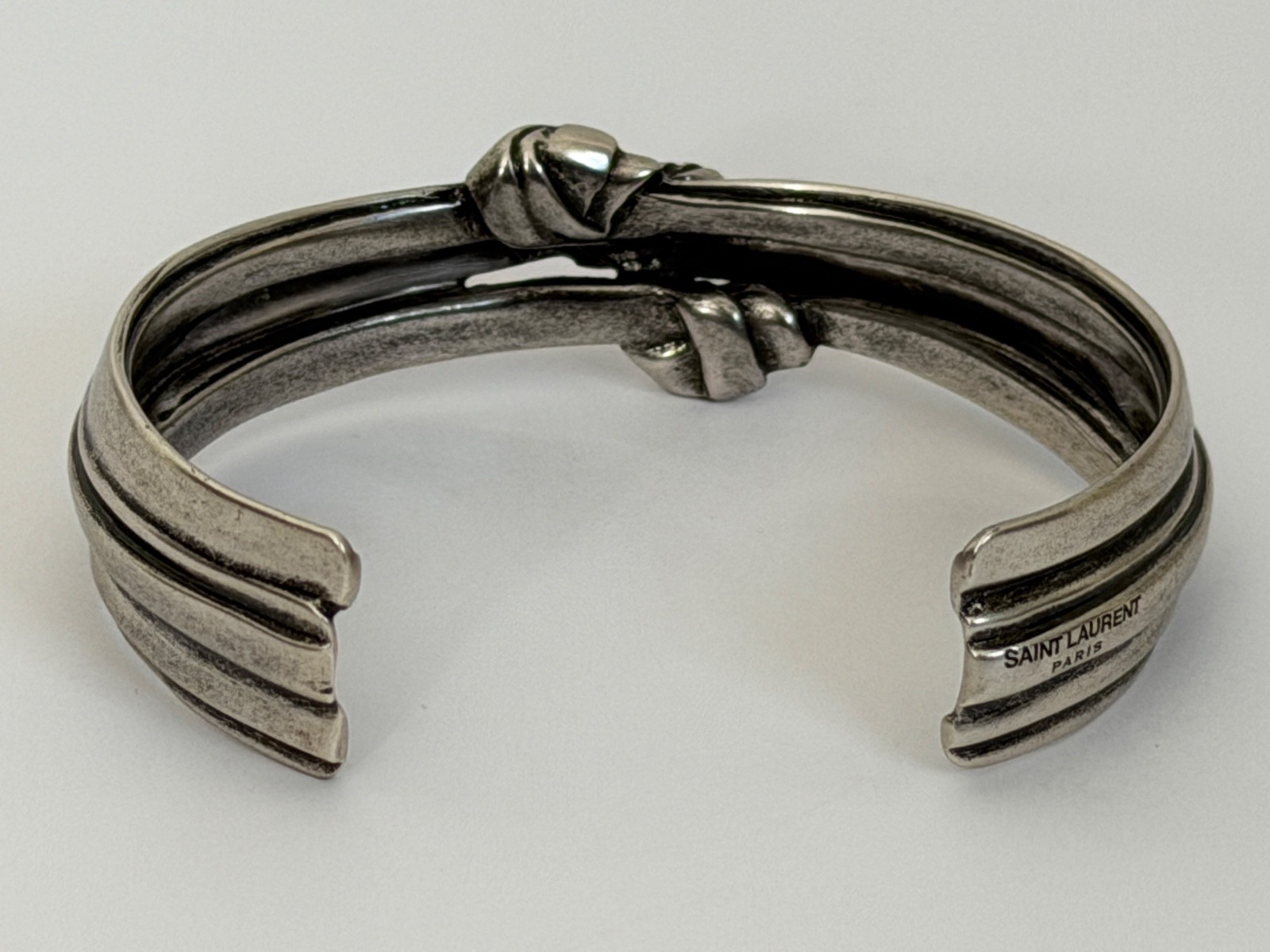 NWT Saint Laurent YSL Triple Knotted Antique Silver Brass Cuff Bracelet M $895