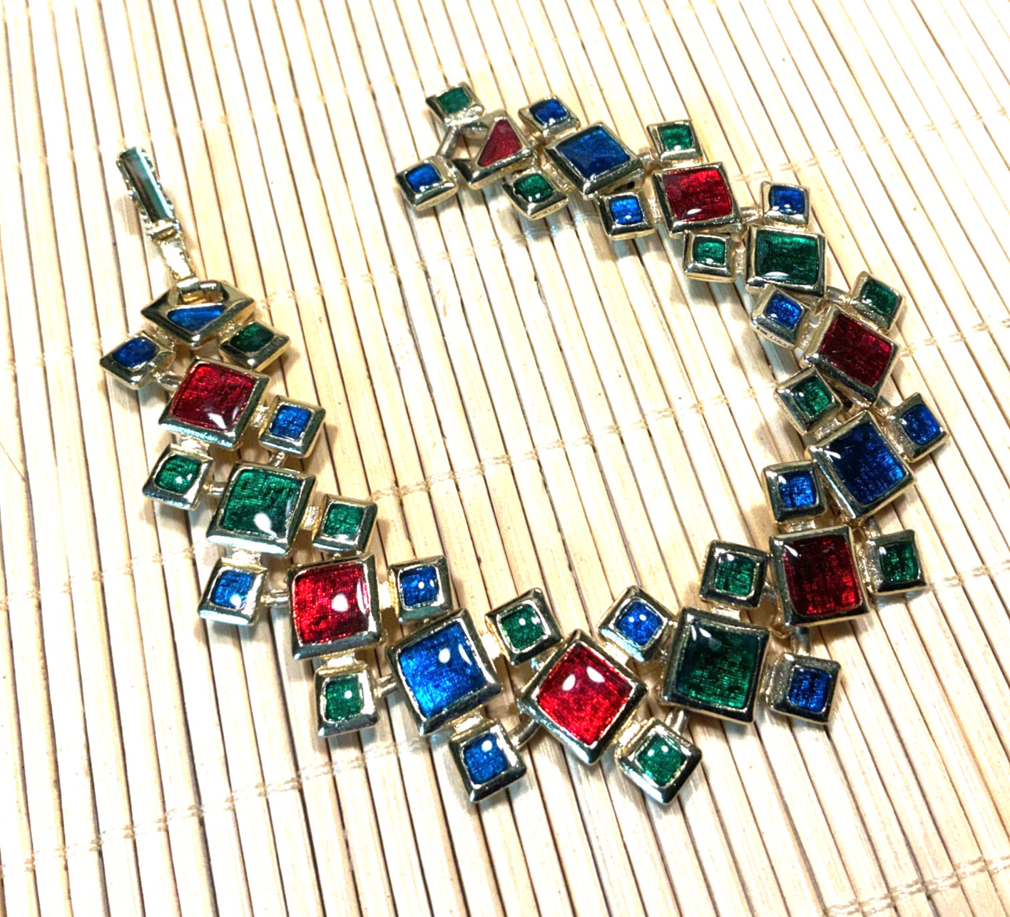 Fashion Bracelet Cast Gold Tone Epoxy Red Green Blue Panel Lot 101D
