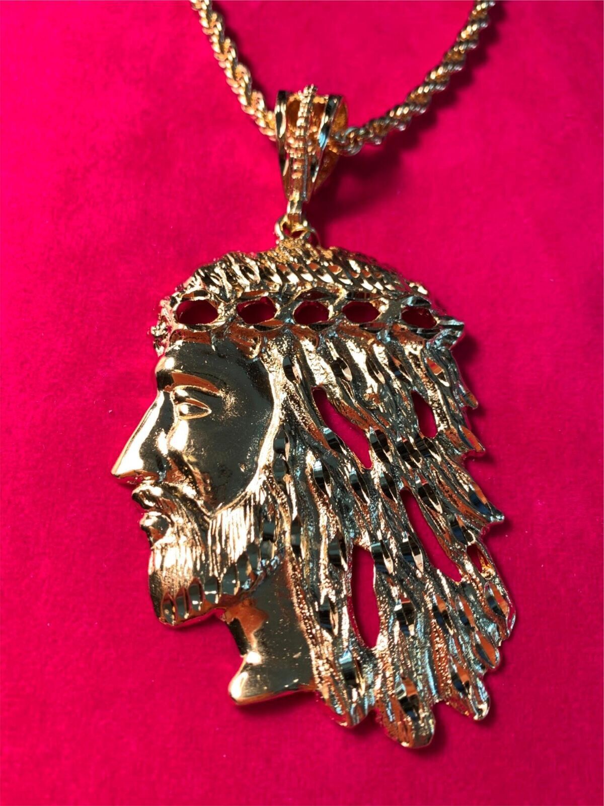 14 KT GOLD PLATED OVER 4 INCHES HIGH JESUS FACE CHARM & 16″-30″ 5MM ROPE-8502